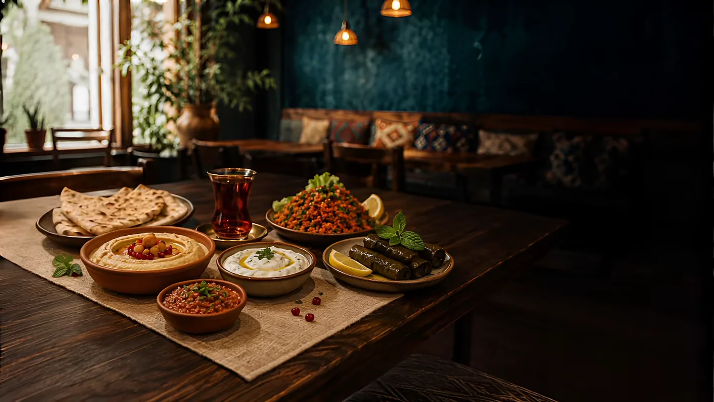 Reich gedeckte türkische Meze-Tafel mit kleinen Schalen voller Hummus, Haydari und gefüllten Weinblättern im Restaurant Sultan Meze Cuisine Tübingen